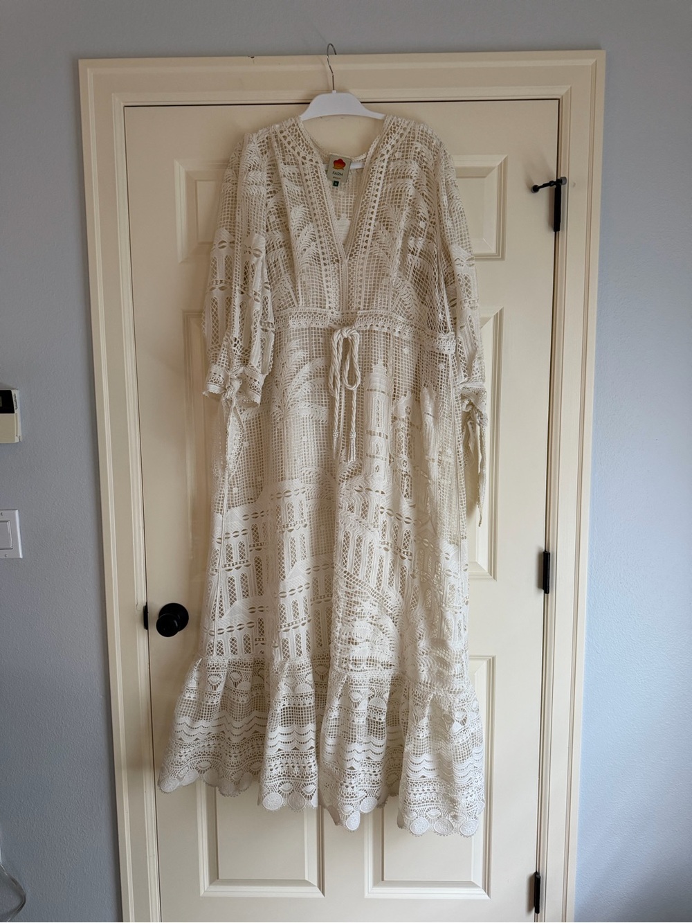 Farm Rio Cream Lace Morada Guipure Crochet Maxi Dress with Tie Waist - Picture 12 of 13